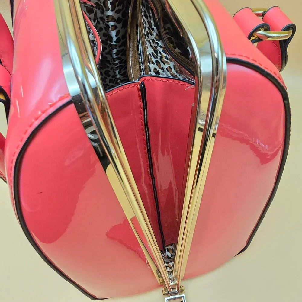 Coral Pink Patent Faux Leather Doctor Bag Satchel Leopard Print Lining Vintage